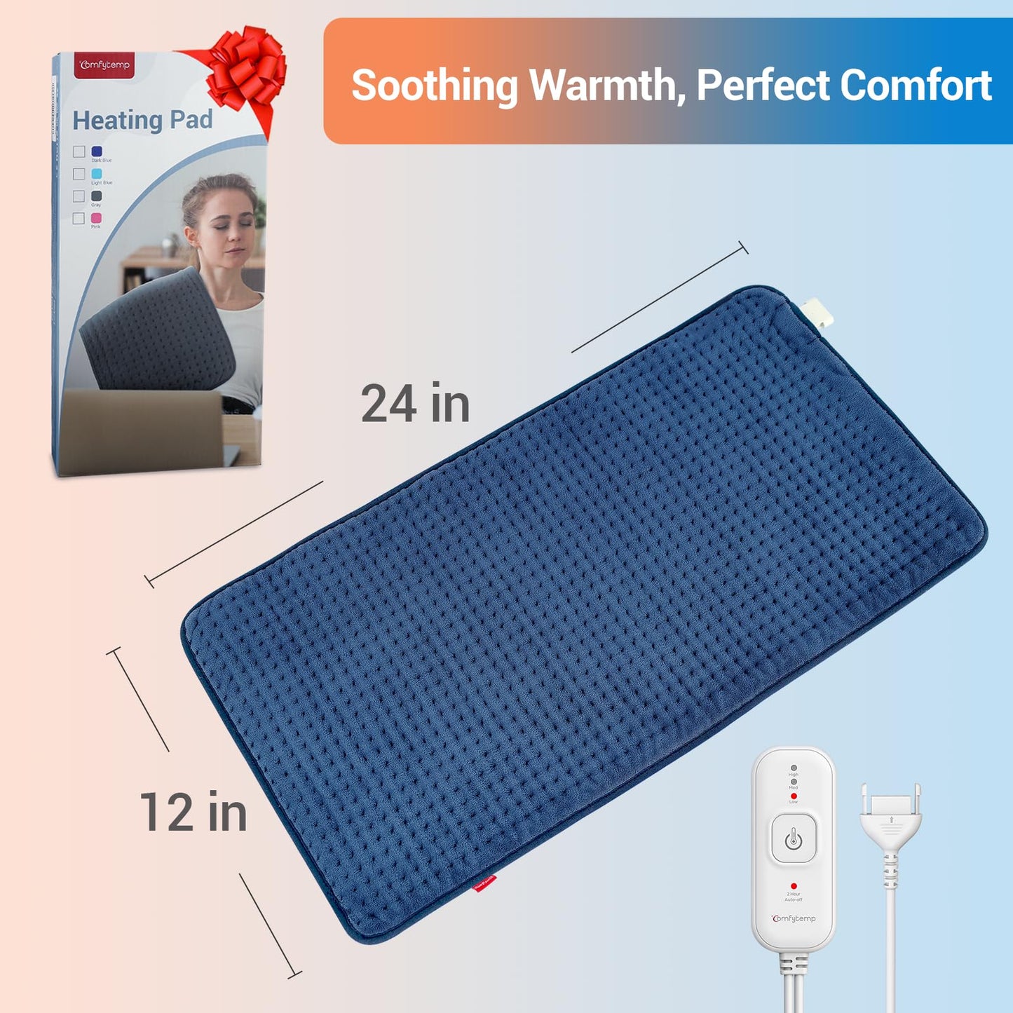Comfytemp Heating Pad for Back Pain Relief Gifts for Fathers Day, Electric Heating Pad for Period Cramps, Moist/Dry Heat, 3 Heat Settings, 2H Auto Off, Machine Washable (12" x24", Navy Blue)