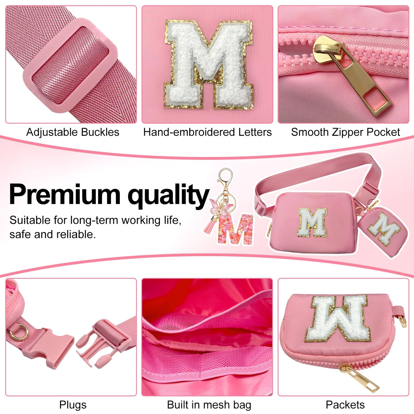 Personalized Fashion Waist Pack Wallet and Keychain, Initial Belt Bag Purse and Pendant, Fanny Cross Body Bag, Birthday Gifts, Fancy Trendy Stuff for Girl Mom Women Daughter Sister Friends(Pink A)