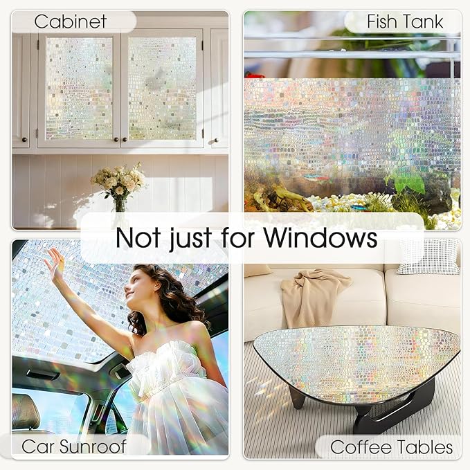Windimiley Rainbow Window Privacy Film, 3D Stained Glass Christmas Decorative Window Clings, UV Heat Blocking Holographic Prism Stickers for Home(35.4 x 157.5In,Pure)