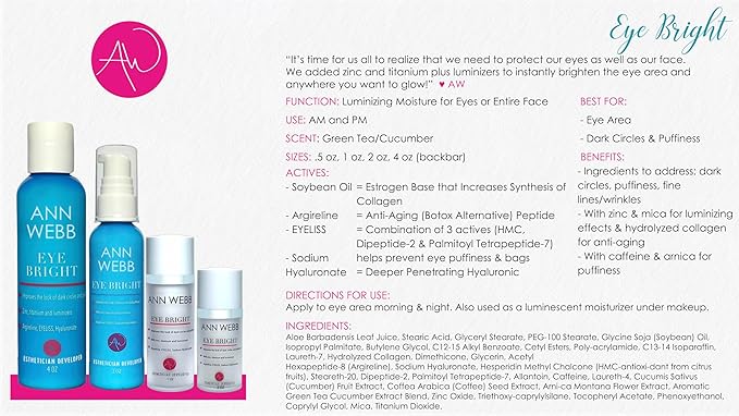 Eye Bright Cream - Anti Aging Eye Cream w/Collagen Peptides & Hyaluronic Acid for Dark Circles, Firms Fine Lines. 4oz