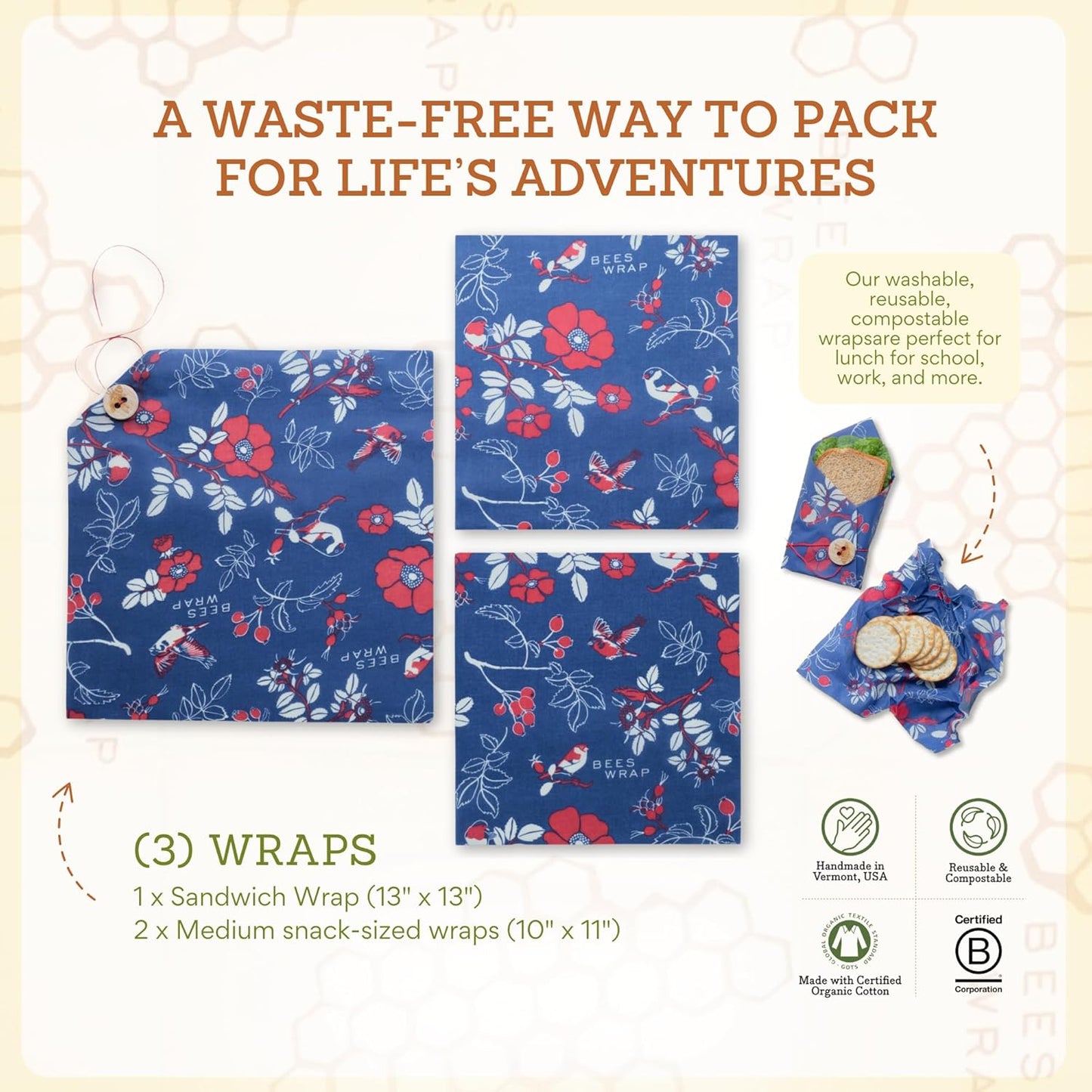 Bee's Wrap Beeswax Wraps for Food - Botanical 3 Pack (2M 1 Sandwich) Made in USA Reusable & Organic Food Wraps, Sandwich Wrap - Eco-Friendly Alternative to Aluminum Foil & Plastic Wrap