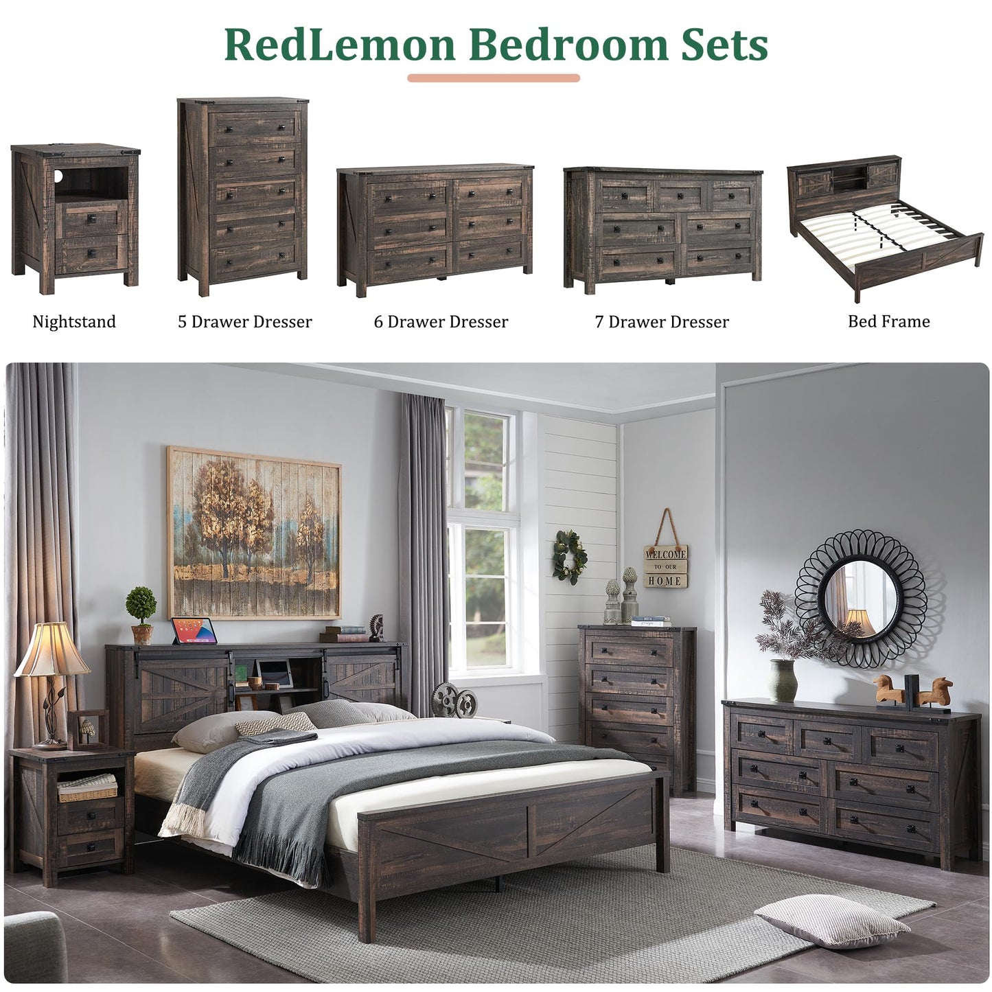 RedLemon Farmhouse Nightstand with Charging Station, Rustic 18 Inch End Table with 2 Storage Drawers and Open Shelf, Wood Sofa Side Table for Bedroom, Living Room (Dark Rustic Oak)