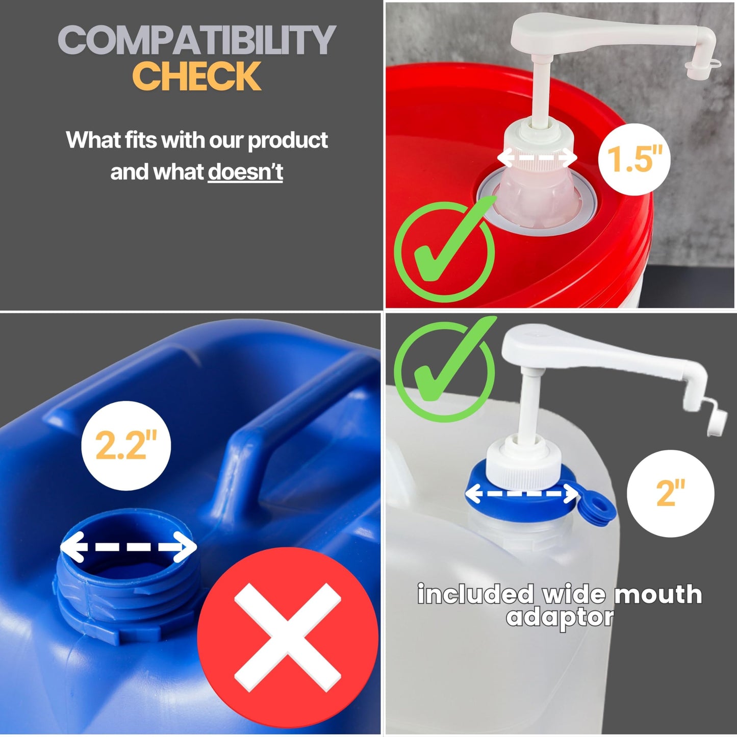 Pump for Gallon Jug & 5 Gallon Bucket, Leakproof Heavy Duty Pump Dispenser for Laundry Detergent, Shampoo, Soap, Oil, Snow Cone Syrup, Popcorn Butter, Commercial Household Industrial Use (2pc)