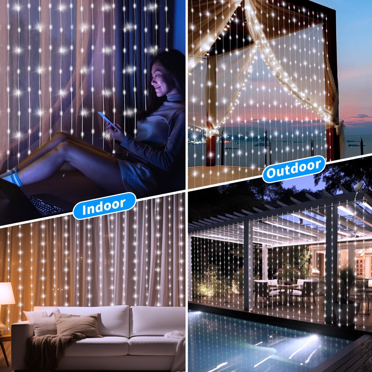 Solar Curtain Lights 10*10Ft 300LED Waterproof Waterfall Light with 8 Modes Remote Type C Charging Dimmable Timer Twinkle Fairy String Lights for Outdoor Christmas Gazebo Wedding Party Pergola Patio