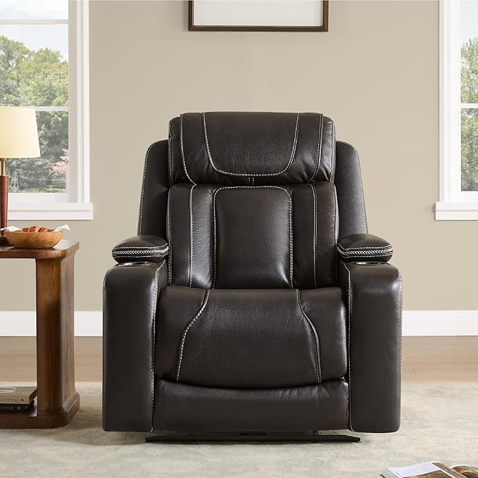 Watson & Whitely Electric Recliner Chairs for Adults, Oversized Genuine Leather Recliner, Super Zero Gravity Reclining Chair W Triple-Motor Adjustable Headrest & Lumbar Support, Dark Brown