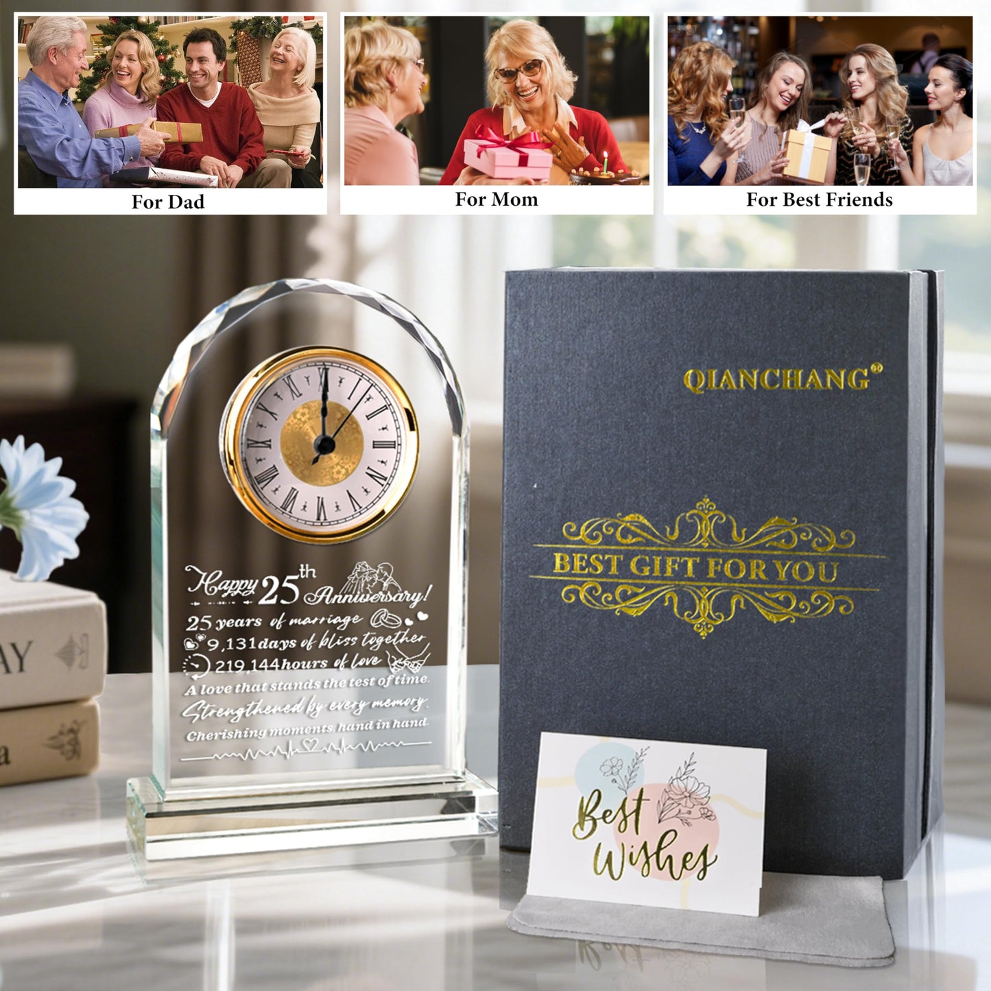 QIANCHANG 25th Wedding Anniversary Crystal Quartz Clock Gifts for Parents, 25 Years Silver for Couple, Happy 25th Anniversary Decoration Gift for Her Him