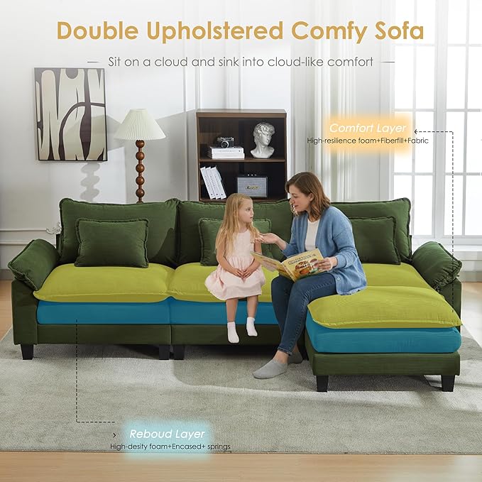 URRED Cloud Couch Modular Sectional Sofa, 122'' Modern L Shaped Deep Seat Sofa with Ottoman & Pillows, Ultra Comfy Corduroy Couches for Living Room, Bedroom or Apartment, Green