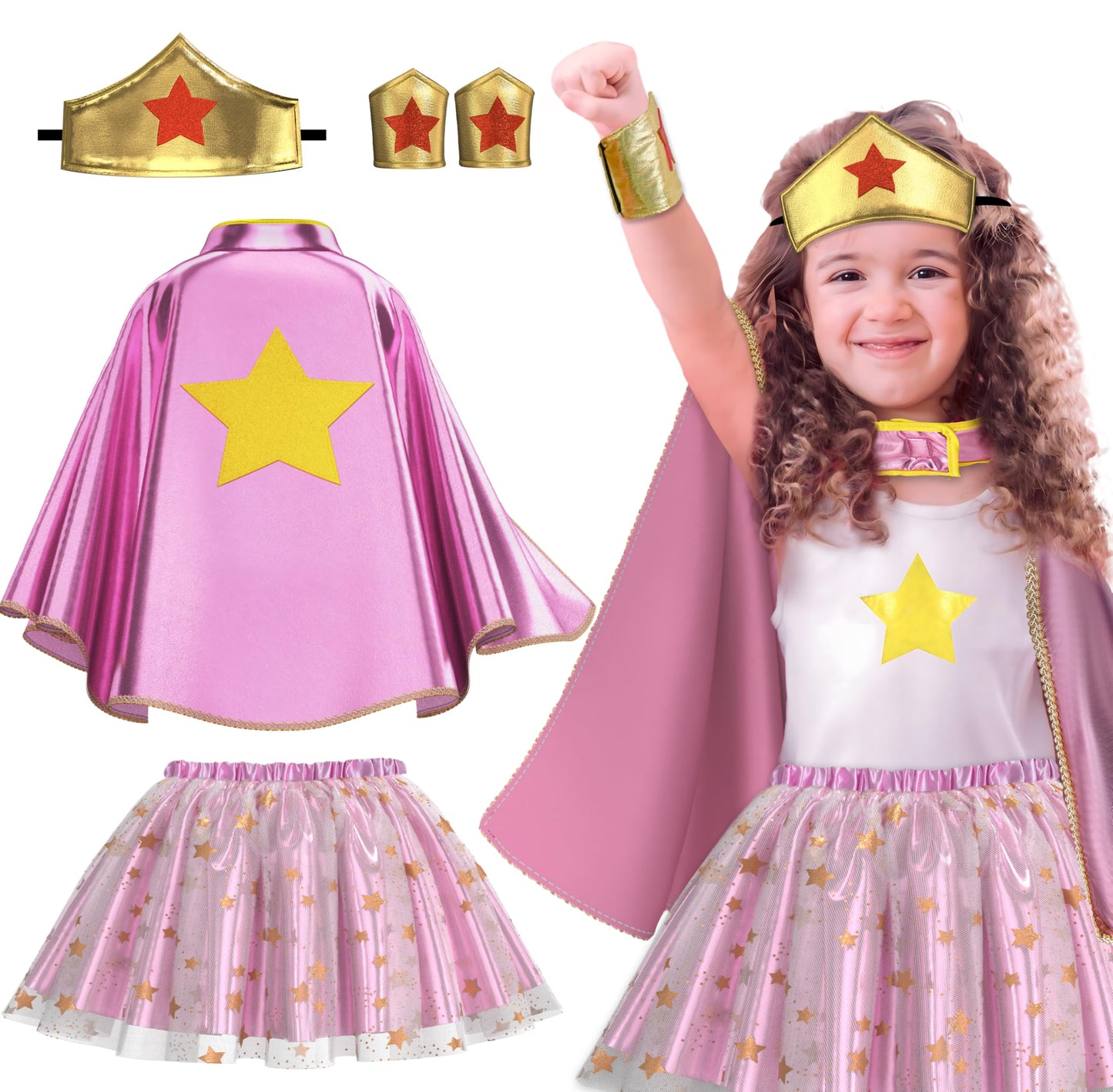 iROLEWIN Wonder Star Superhero-Costumes for Girls Dress-Up Super-Hero-Capes for Kids Tiara Tutu as Halloween Birthday Gifts