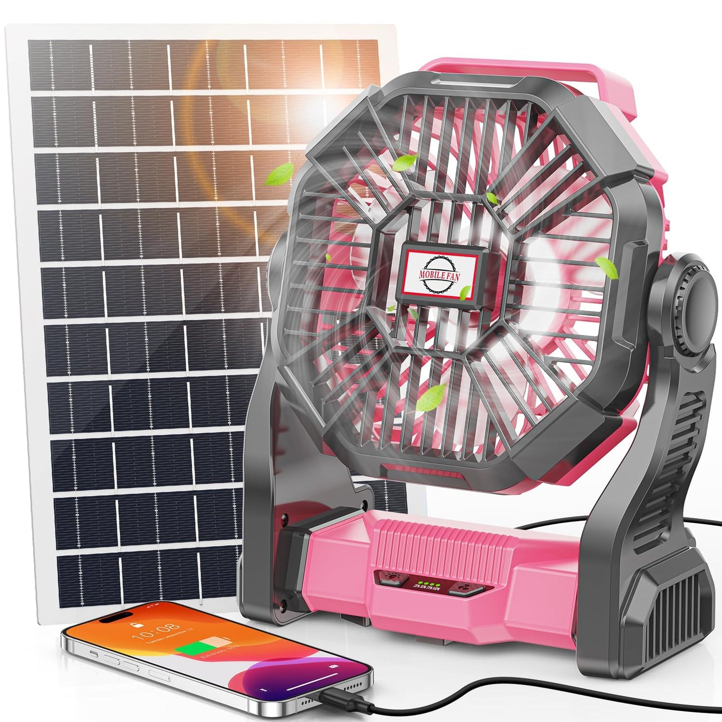 30000Mah Solar Fan With Led Lantern, 10W Solar Panel Rechargeable Battery Powered Camping Fan For Outside, 9 Inch Portable Batte