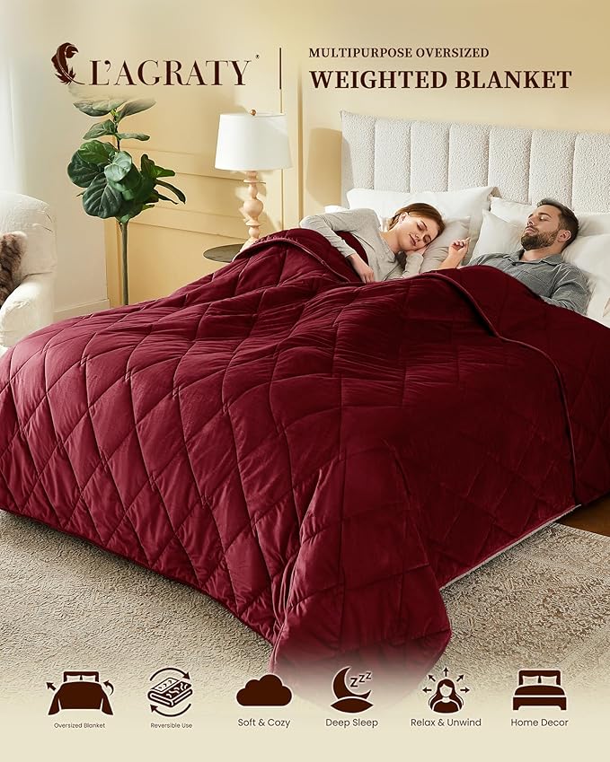 L'AGRATY King Size Weighted Blanket for Adults 20lbs, 88"x104" — Cooling Breathable Heavy Blanket with Glass Beads for Sleeping Perfect for Hot Sleepers & Couples Machine Washable All-Season Wine Red