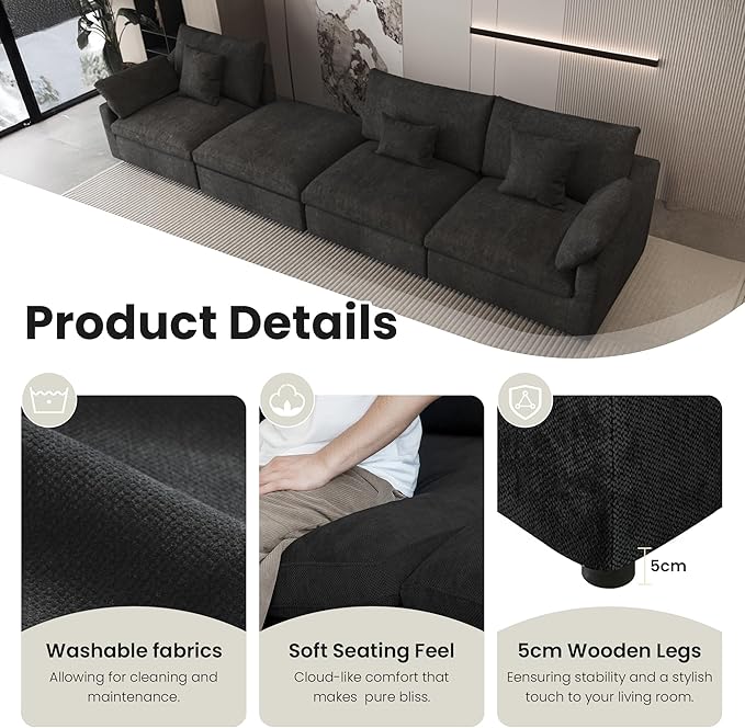 WJShome 83" Cloud Couch Sectional for Living Room, Down Filled Modular Sectional Sofa,Love Seat Sofas,Convertible Couch, Sofa Covers Washable&Replaceable,Black
