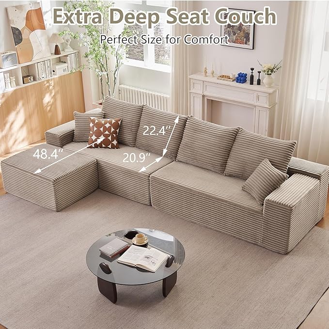 140" Sectional Cloud Couch for Living Room, Modular Floor Deep-Seat Sofa, Big Comfy Corduroy Couches Set with Fluffy Memory Foam, Stupendous L Shaped Sofas, No Assembly Required, Camel