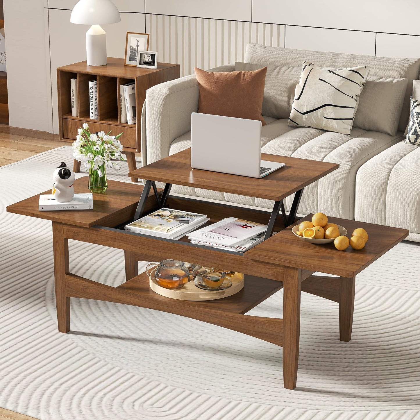 Oubayajia Coffee Table with Lifting Top, Rectangle Wood Lift Top Coffee Table with Open & Hidden Storage, Mid Century Pull up Center Tables for Living Room, Office (Walnut)