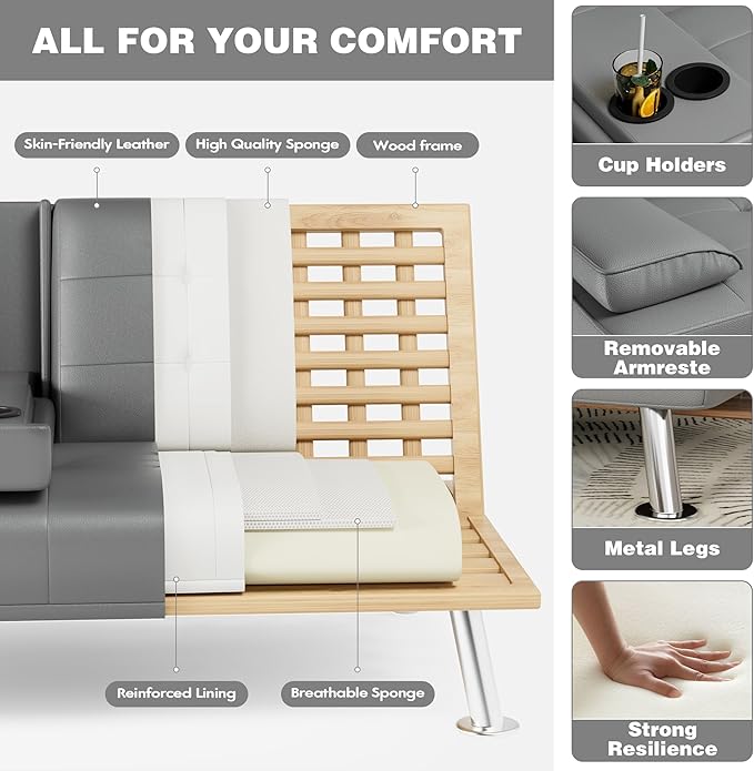 JUMMICO Faux Leather Futon Sofa Bed Futon Couch with Removable Armrests Adjustable Sleeper Sofa Bed with 2 Cup Holders for Living Room (PU Leather, Grey)