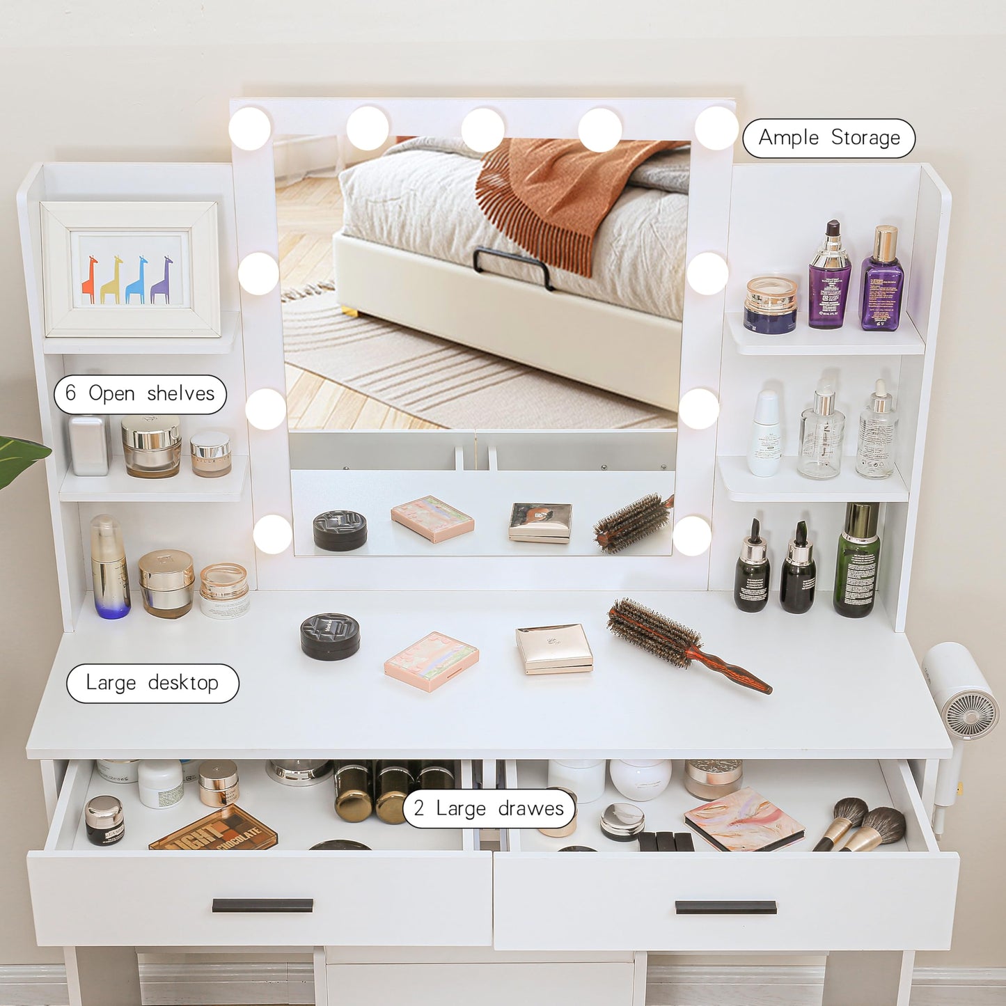 KAMABOKO Makeup Vanity with LED Lighted and Large Mirror, Vanity Desk with Drawers & Power Outlet, 3 Lighting Colors, Dressing Table with Cushioned Stool, White