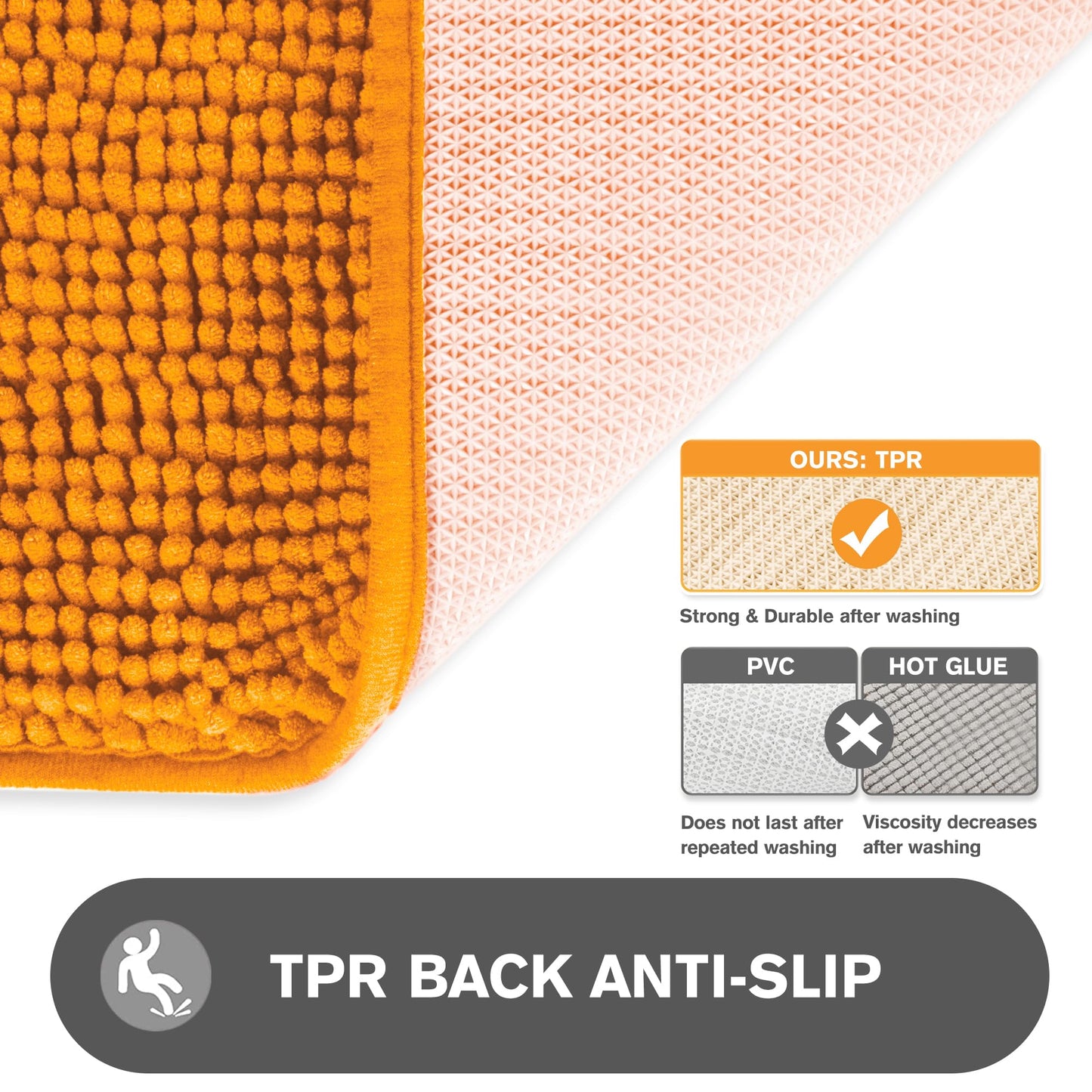 PureSwan Orange Bathroom Rugs – Absorbent and Washable Bath Mat, Non-Slip, Thick Soft Chenille Bath Rugs for Bathroom Floor, Shower, Sink - 17" x 24"
