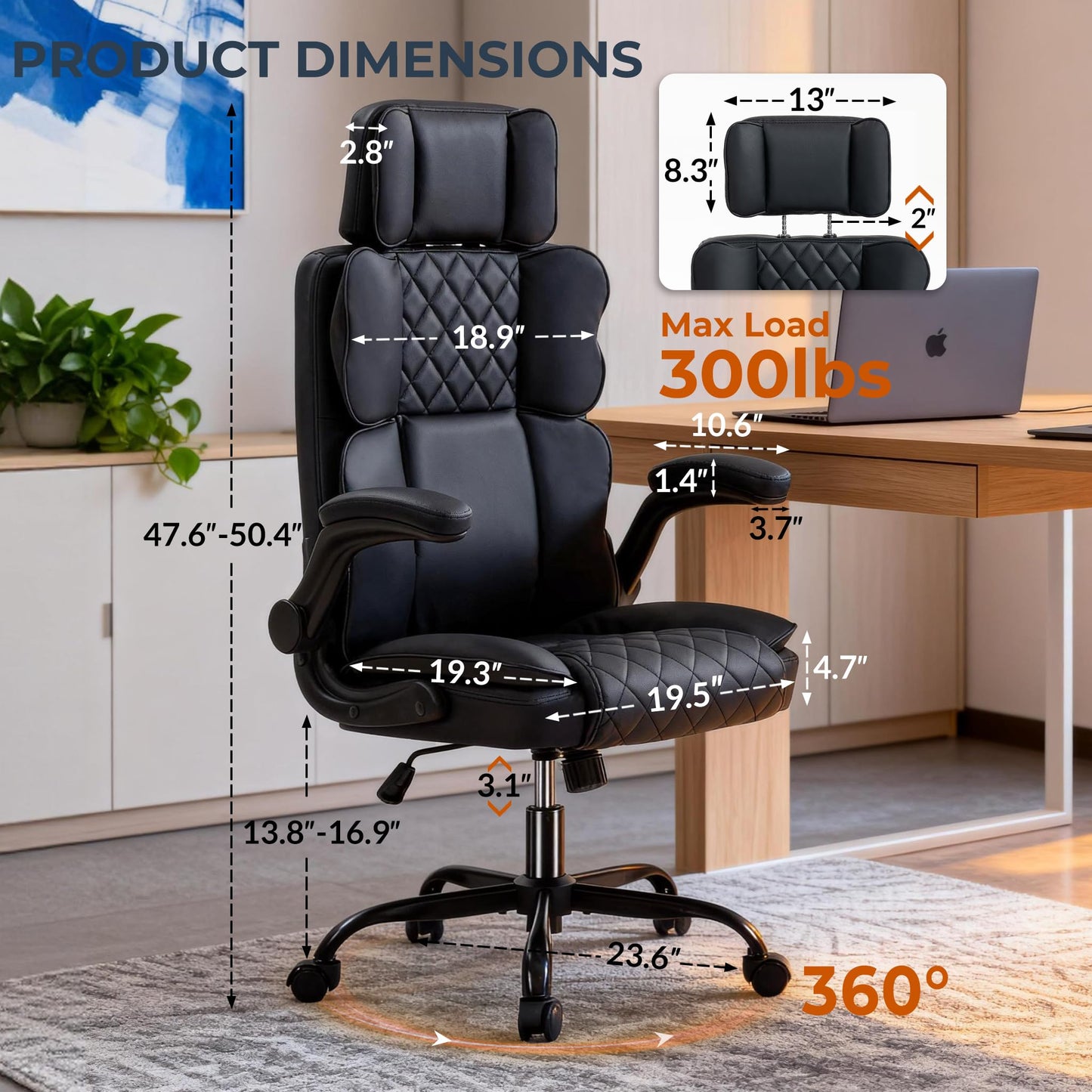 Office Chair with Adjustable Headrest - Executive Leather Desk Chair for Home Office, with Flip-Up Arms & Ergonomic Lumbar Support, Perfect for Work and Study, Black