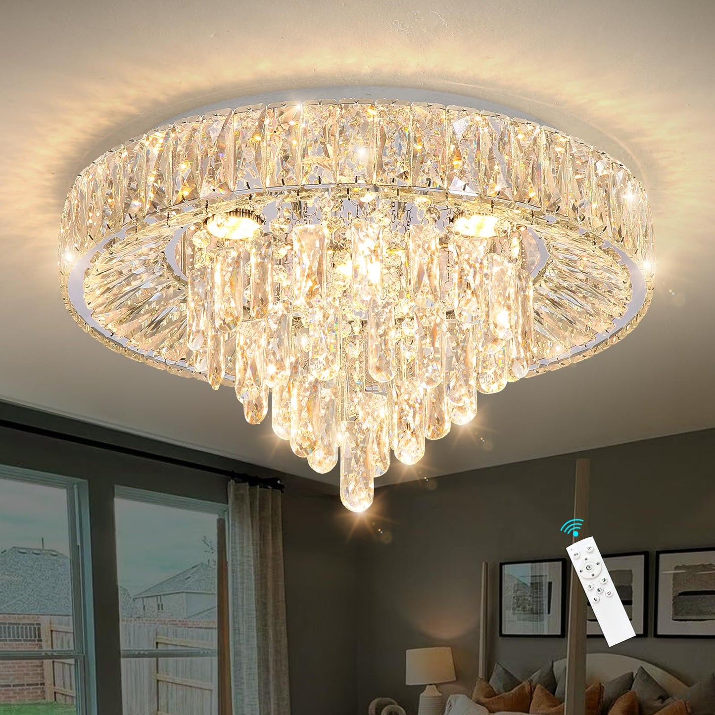 dolria Modern Crystal Chandeliers for Dining Room LED Light Fixture Close to Ceiling Chandelier Flush Mount Ceiling Light Dimmable Lamp with Remote for Living Room Bedroom Hallway 2700K 6000K