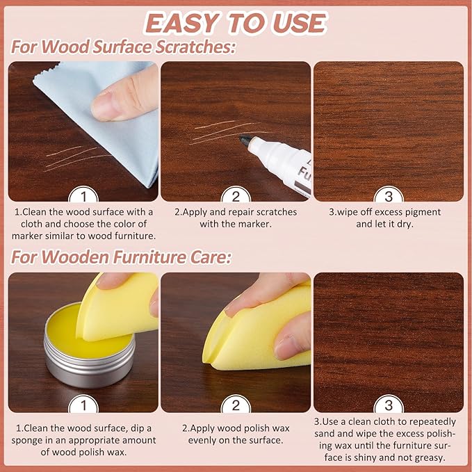 DEWEL Furniture Markers Touch Up, 24 Colors Wood Markers Furniture Repair with Polish Wax, Upgrade Furniture Repair Kit, Repair Pens for Scratches, Floor, Table, Cabinet, Bedpost