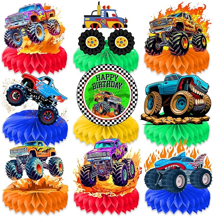 9PCS Monster Truck Honeycomb Centerpieces Themed Birthday Party Decorations Centerpiece Table Decoration Party Favors Deco...