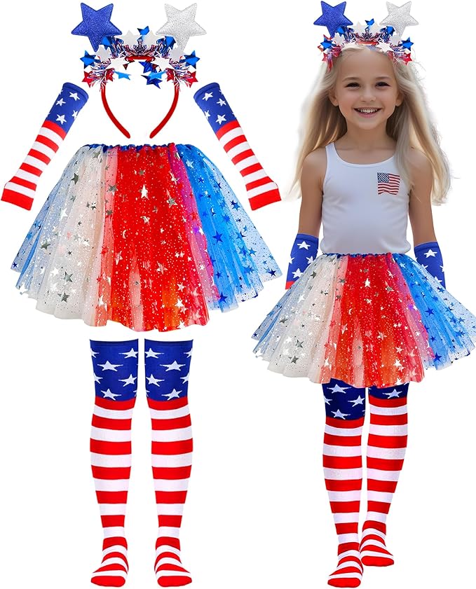4th of July Tutu Set for Girl 6 to 12 Years Red White and Blue Tutu Patriotic Costume Accessories Independence Day Costume...