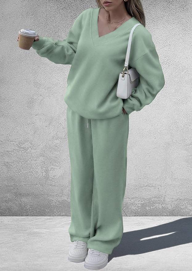 PRETTYGARDEN Casual Winter Two Piece Sets for Women 2026 V Neck Sweatshirt Loose Wide Leg Pants Tracksuit Knit Fall Outfits