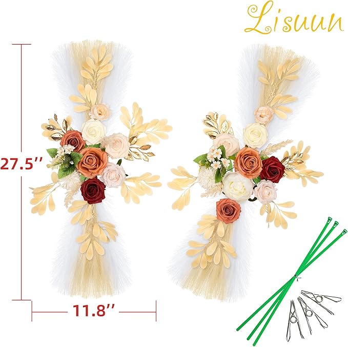 Wedding Arch Flowers, Artificial Floral Decor for Wedding Ceremony & Reception, Standard Size Large Flower Swag Set for Backdrop & Welcome Sign, Pack of 2 (Orange Wine Red Pampas)