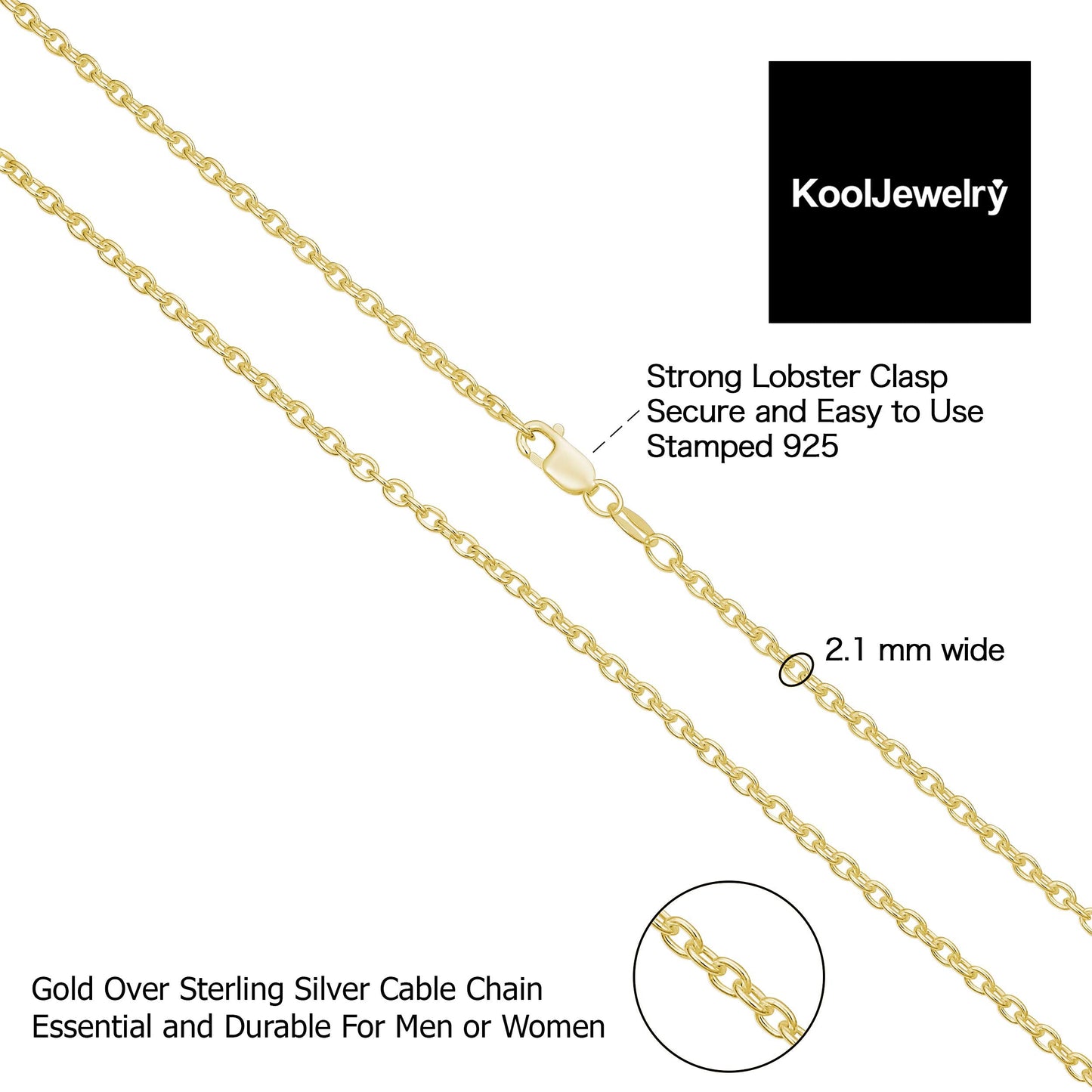 Kooljewelry Yellow Gold Over Sterling Silver Round Cable Chain Necklace (2.1 mm, 22 inch)