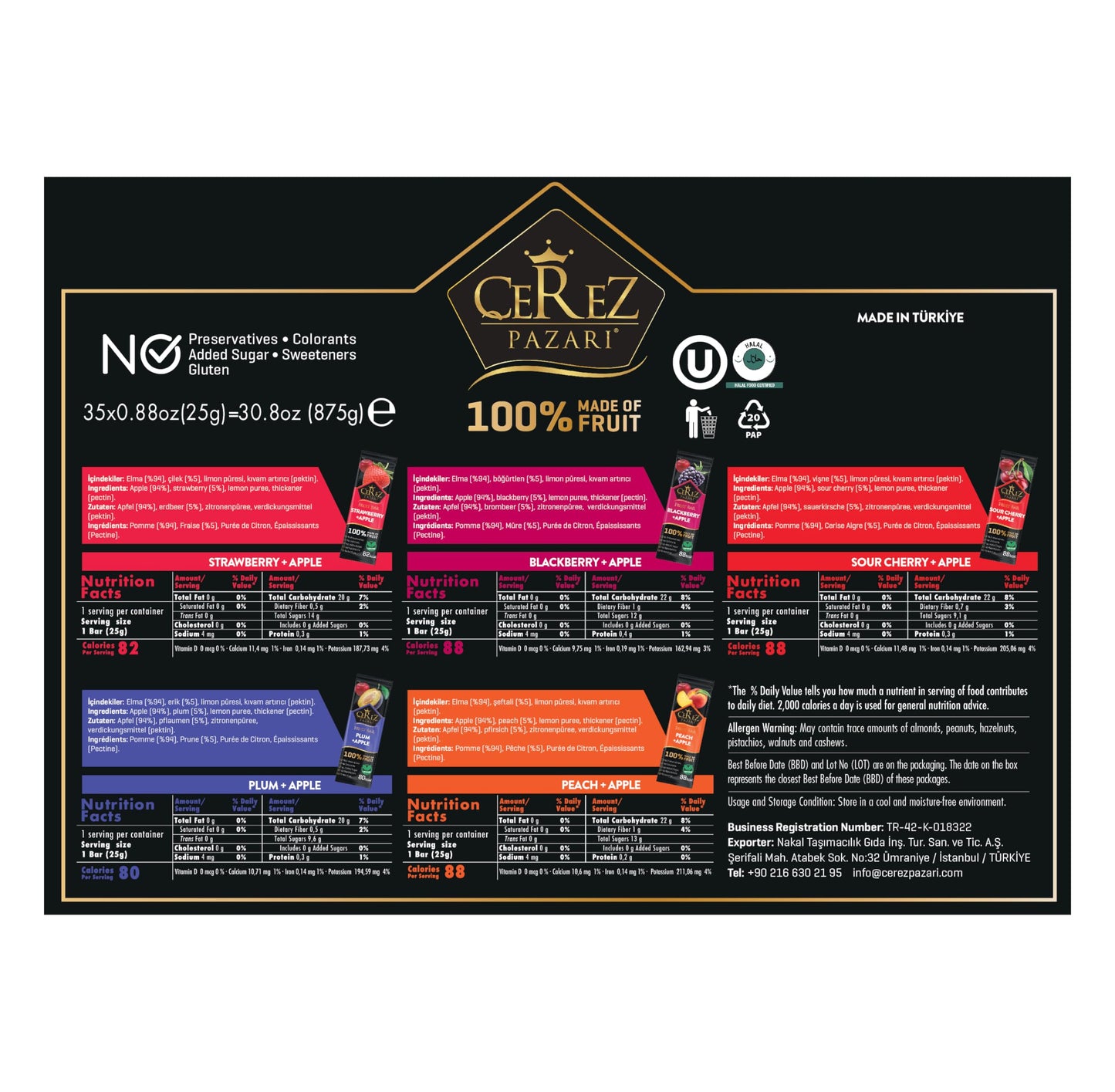 Cerez Pazari Fruit Leather Snacks Variety Pack for Adults and Kids, Healthy Fruit Snacks Bulk, Vegan Real Fruit Bars, Snacks with Strawberry, Blackberry, Plum, Sour Cherry and Peach 25g x 35 pack