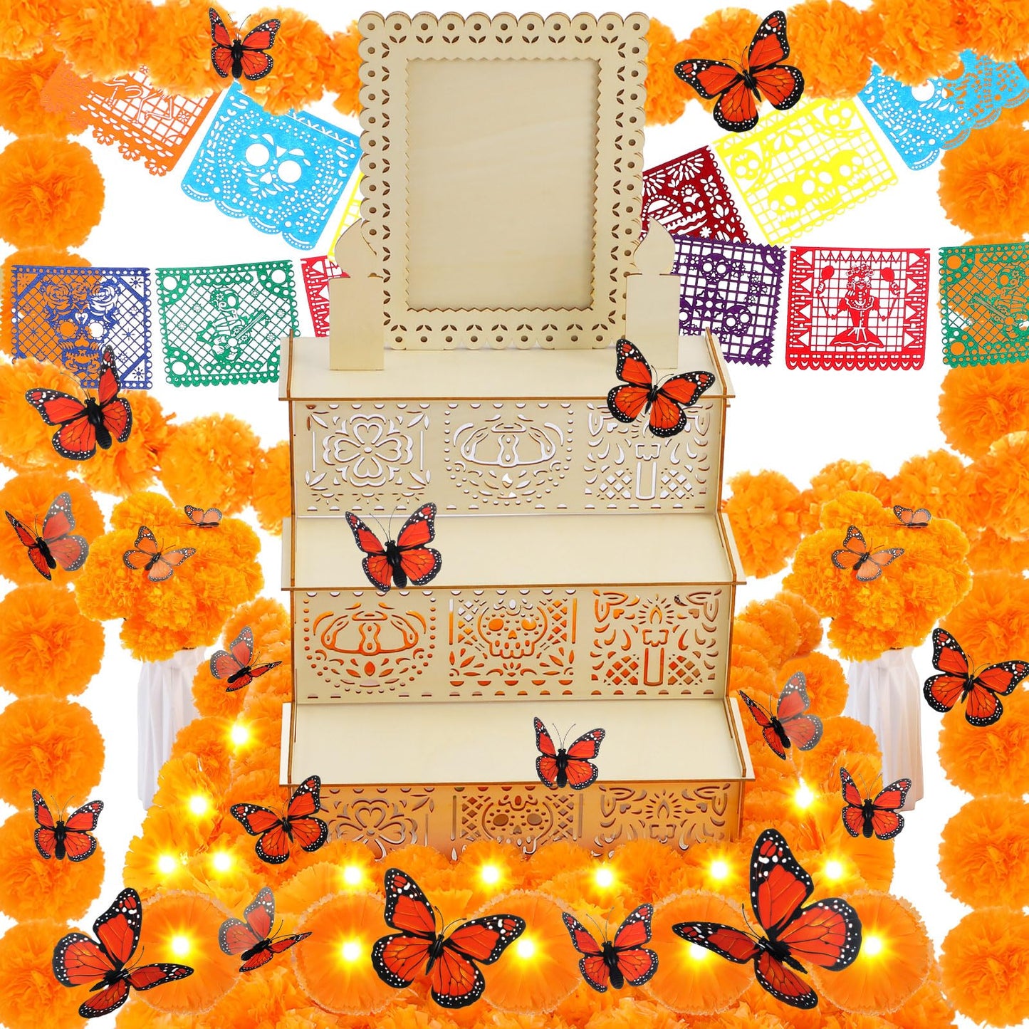 Colingmill 76 Pcs Dia De Los Muertos Decorations Set Ofrenda Altar Wooden Shadow Box Day of The Dead Banners Light up Marigold Mexican Papel Picado Butterfly Hanging Garlands for Altar Decor Supplies