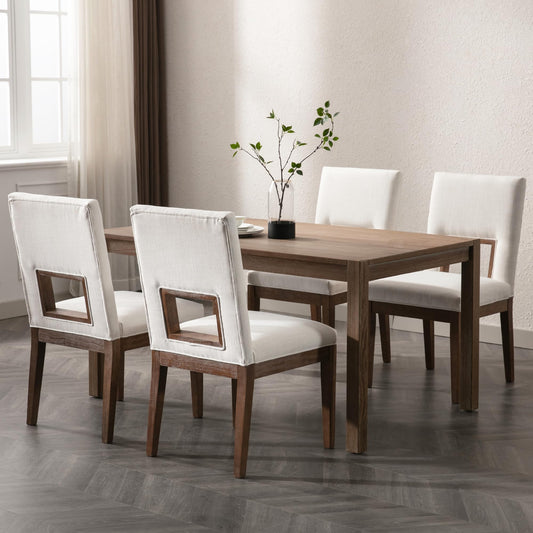 LZAREAL Modern Farmhouse Dining Chairs with Open Back Set of 4 Upholstered Linen Wood Dining Room Chair with Back Wooden Chairs for Restaurant Dining Room Kitchen, White