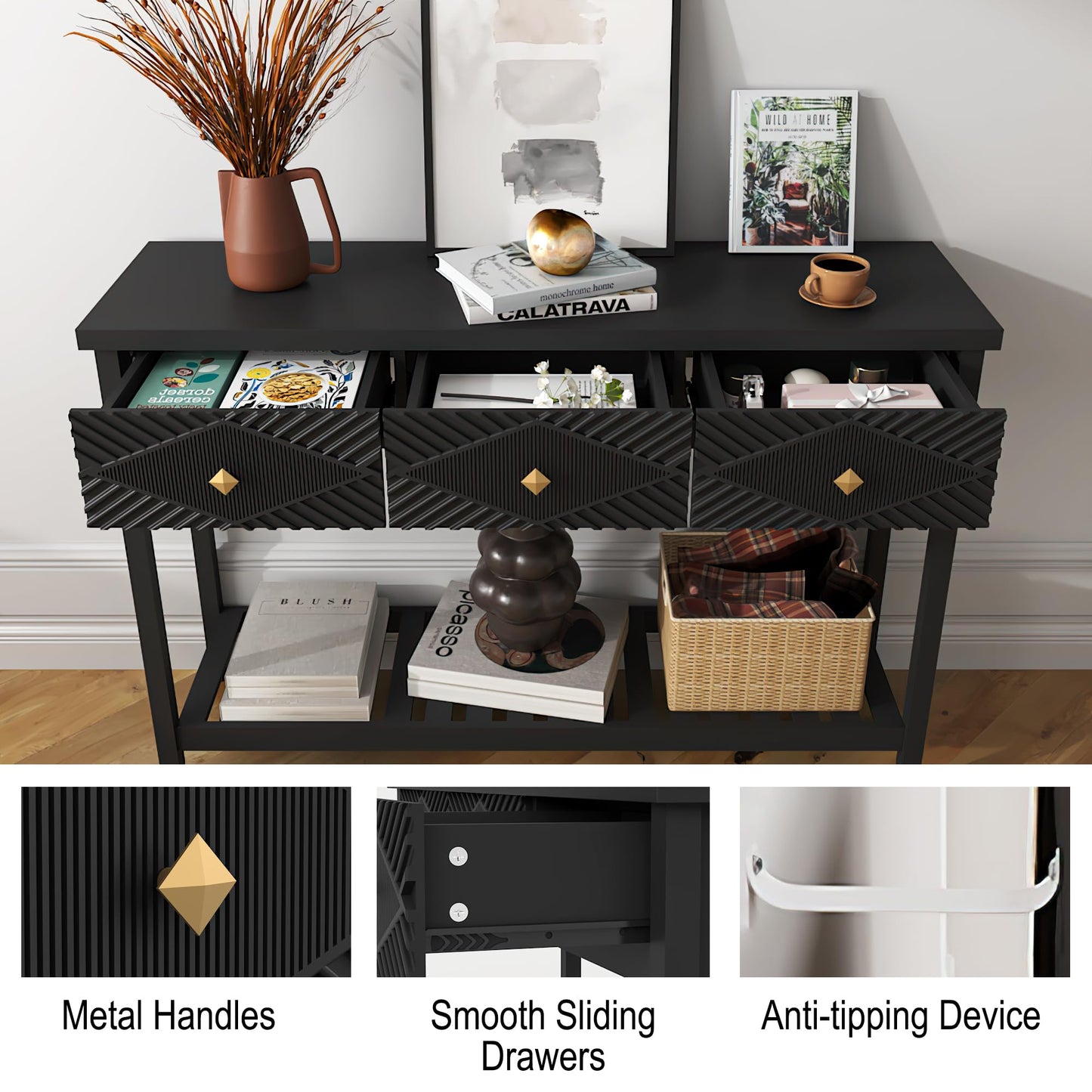BHAODEAL 47" Console Table with 3 Drawers, Fluted Narrow Long Entryway Table with Storage Shelf, Accent Table for Entryway, Living Room, Behind Couch, Foyer, Hallway, Office