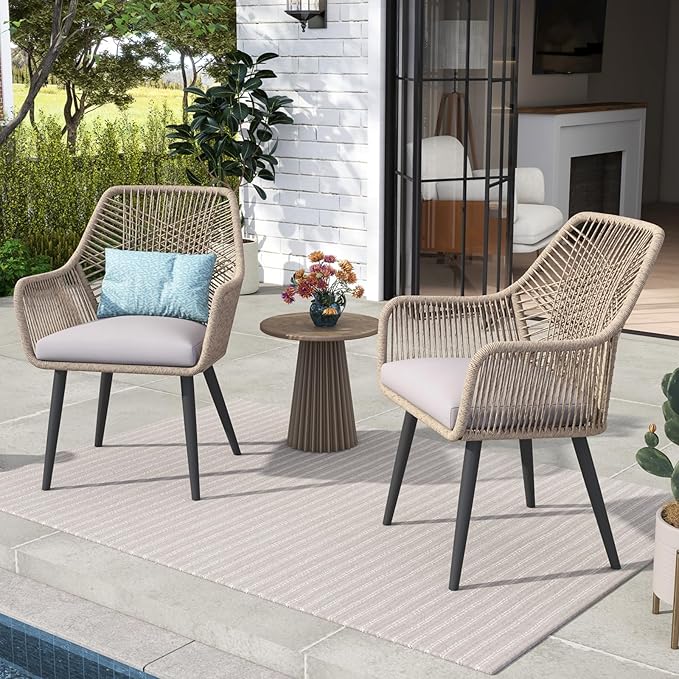 Patiorama Patio Dining Chair Set of 6, Woven Rope Outdoor Dining Chair w/Steel Frame, All-Weather Twisted Rattan Chairs w/Armrest & Cushion, Outdoor Dining Wicker Chairs for Backyard Garden(Beige)