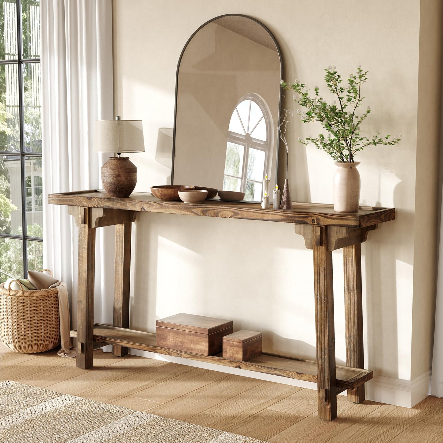 TRIBEWOOD Solid Wood Console Table for Entryway, 63-Inch Long Farmhouse Sofa Table Behind Couch with 2-Tier Storage, for Living Room, Foyer, Hallway, Entrance, Rustic Brown