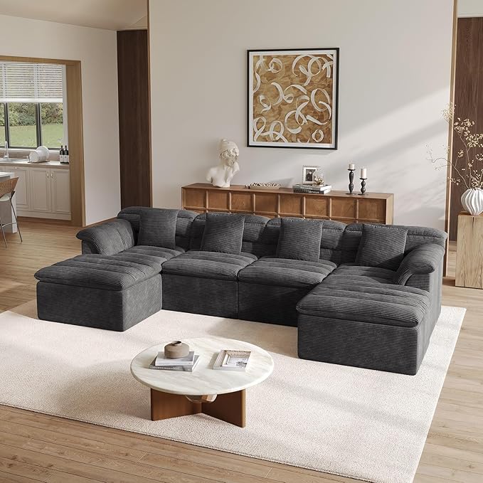 SUNG7 142" Modular Sofa with Ottoman, Boneless Cloud Couch with Deep Seat, Comfy U-Shape Corduroy Couches for Living Room, No Assembly Required, Dark Gray
