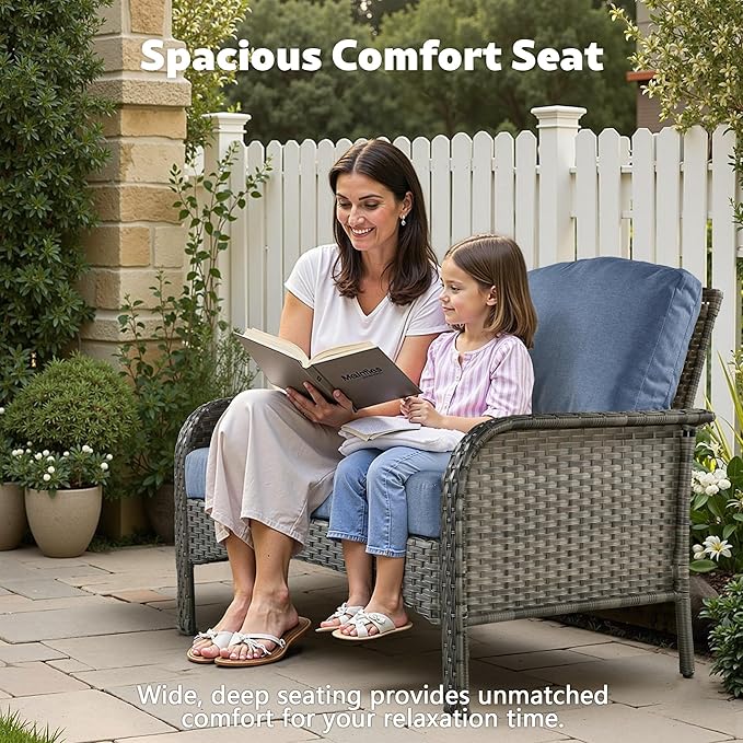 CAODOC 4-Piece Wicker Patio Furniture Set, All-Weather Rattan Conversation Bistro Loveseat Chair and Table Set for Backyard, Balcony and Deck with Soft Cushions and Metal Table(Blue)