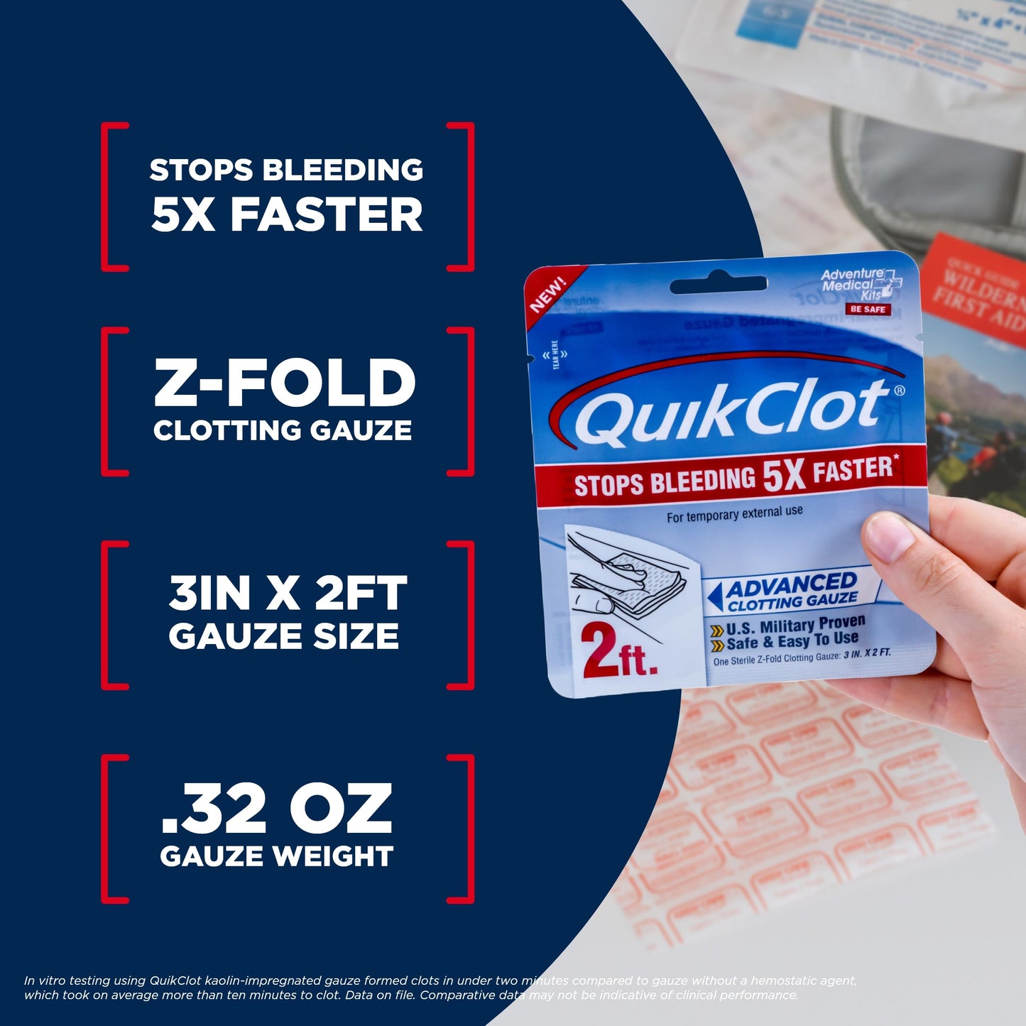 Adventure Medical Kits QuikClot Advanced Clotting Gauze - Stops Bleeding Up to 5X Faster Than Standard Gauze - Kaolin Hemostatic Dressing - for First Aid Kits & Survival Gear - 3 x 24