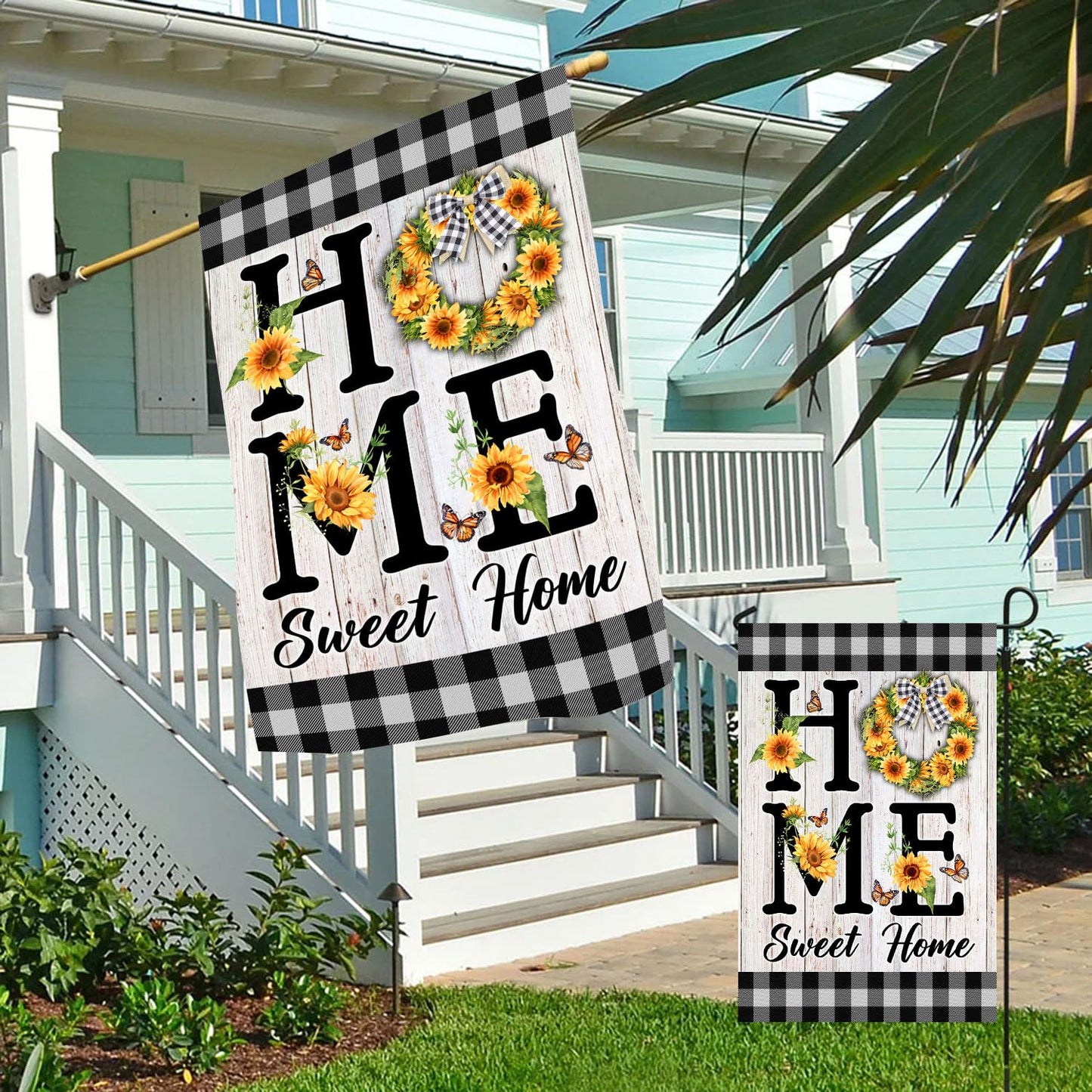 Home Sweet Home Sunflower Flag Double Sided, Summer Plaid Outdoor Decor for Yard, Set of 2 Summers House Flags 28x40 & Garden Flags 12x18 Double sided (House + Garden Flags)