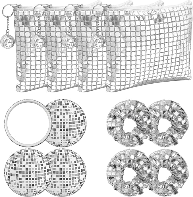 WPZQBW 12 Pcs Disco Party Favors Disco Cosmetics Bag，Silver Glitter Sequin Makeup Handbag，Makeup Bag Hair Scrunchies Compa...