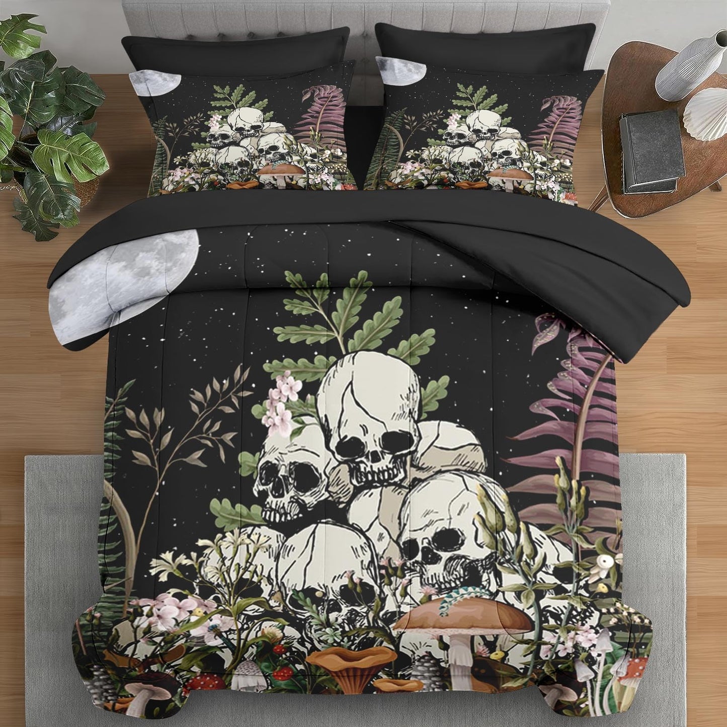 Pamnest Comforter Set Queen Size, Mushroom Plant 7 Pcs Bedding for Kids and Adults, Skeleton Spooky Retro Bed Sheet Sets with Fitted Sheet 2 Pillowcases & 2 Shams for Bedroom Bed Decor