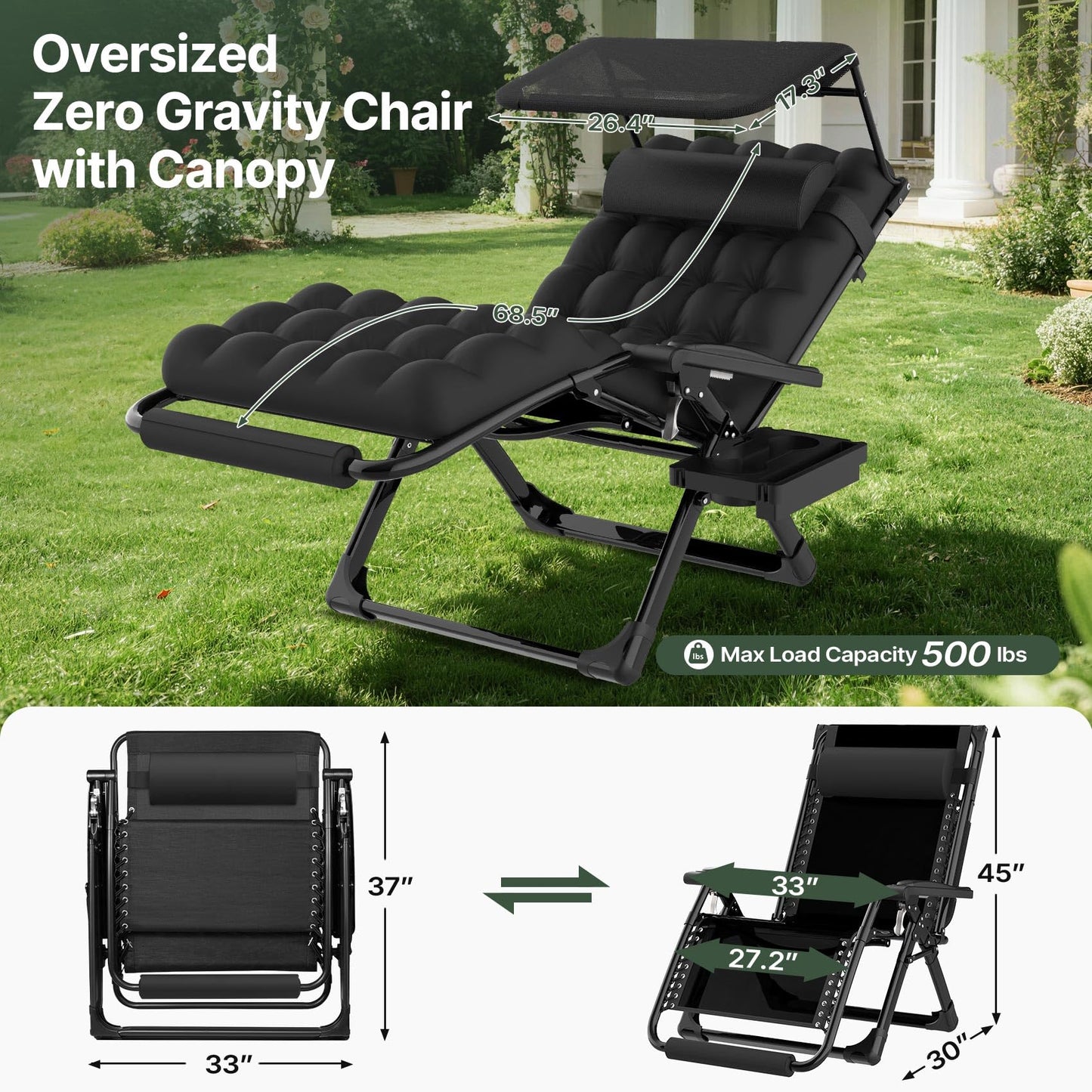 Suteck Zero Gravity Chair with Canopy,33In XXL Oversized Lounge Chair w/Removable Cushion&Headrest, Upgraded Lock and Footrest, Folding Reclining Patio Chairs Recliner for Indoor Outdoor