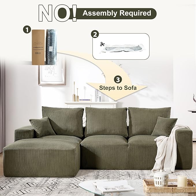 108" Modular Sectional Sofa, Compression Sofa with Deep Seat, Modular L-Shape Couch with Chaise, Upholstered Couches for Living Room Bedroom, No Assembly Required (Green Corduroy, 108" L Shape)