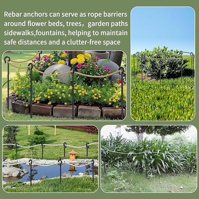 EUOKOK 30 Inch Rebar Stakes Heavy Duty 6 Pack Tent Stakes with Loop 1/2 Inch Diameter Tarp Pegs Tree Stakes and Supports Ground Anchors Garden Rope Fence Stakes for Outdoor Camping and Yard, Black