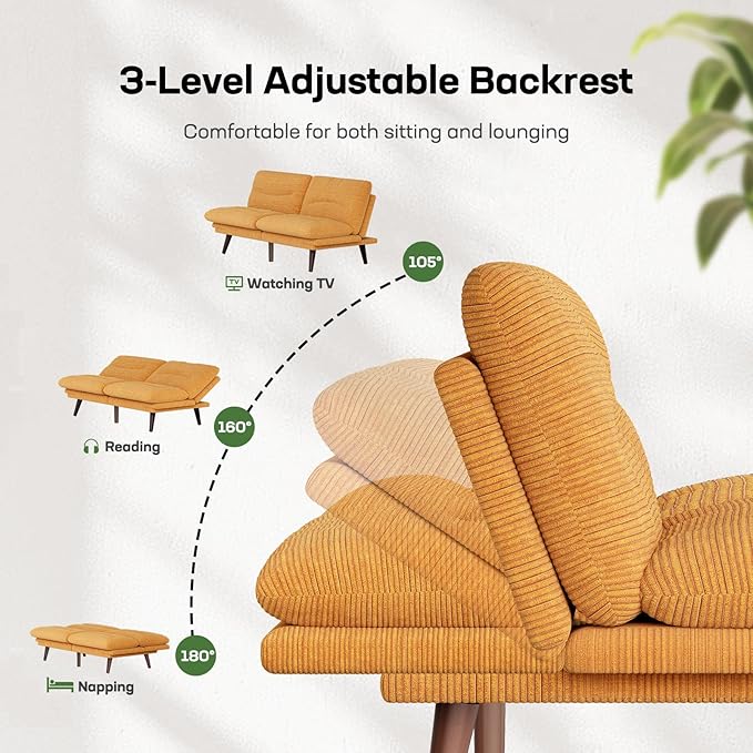 Marsail Futon Sofa Bed, 66” Futon Couch with Adjustable Backrest & Armrests, Convertible Small Sleeper Sofa Bed for Small Apartments, Study Room, Office, Corduroy Loveseat, Yellow