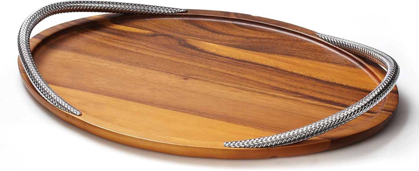 Nambe Braid 19-Inch Serving Platter - Modern Scandinavian Wood Tray with Braided Chrome Handles, Elegant Entertaining & Dining Piece for Charcuterie, Appetizers & Cocktails