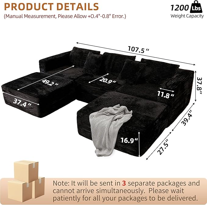 110 Modular Sectional Boneless Sofa with 2 Ottomans, Corduroy U-Shaped Modular Sectional Sofa, Convertible Cloud Couch with Deep Seats, No Assembly Required (Black, 110" 3Seat+2 0ttoman)