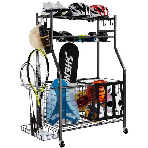 VEVOR Sports Equipment Garage Organizer Steel, Rolling Ball Storage Cart on Wheels, Basketball Rack with Baskets & Hooks, Indoor/Outdoor Sports Gear and Toys Storage Christmas Crafts Xmas Gift