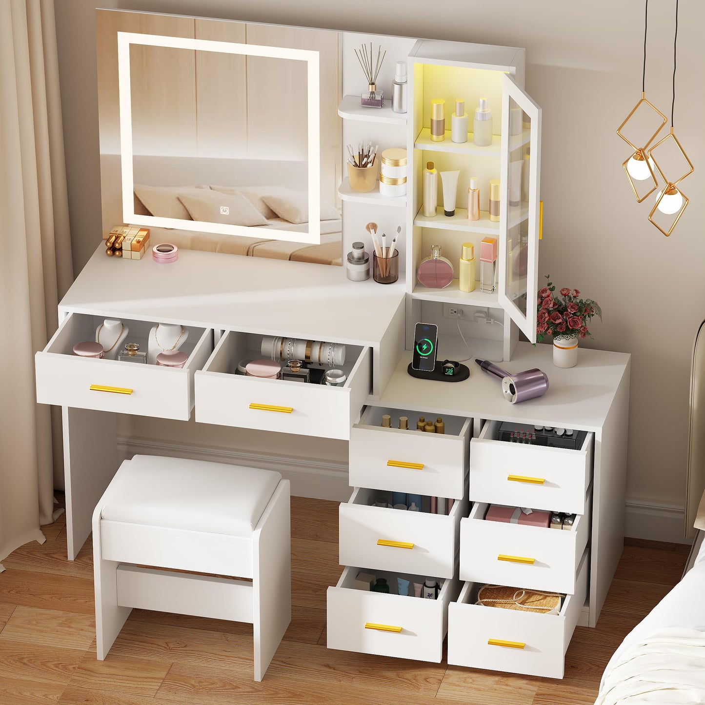 ANWBROAD 51.8" Makeup Vanity Desk with Mirror and Lights White Vanity Table with RGB Storage 8 Drawers Power Outlet Large Dresser Dressing Table with Storage Shelves Stool for Bedroom Girls UBDT77W