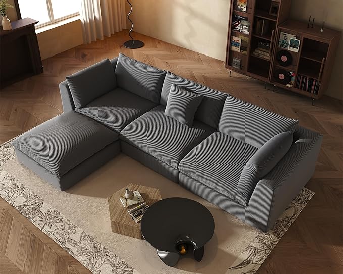 Fajiani Oversized Modular Sectional Sofa, Cloud Couch Deep Seat Sofa Cushion Covers Removable, Oversized Sectional Couches for Living Room (3 Seater+1 Ottoman-Black Gray)