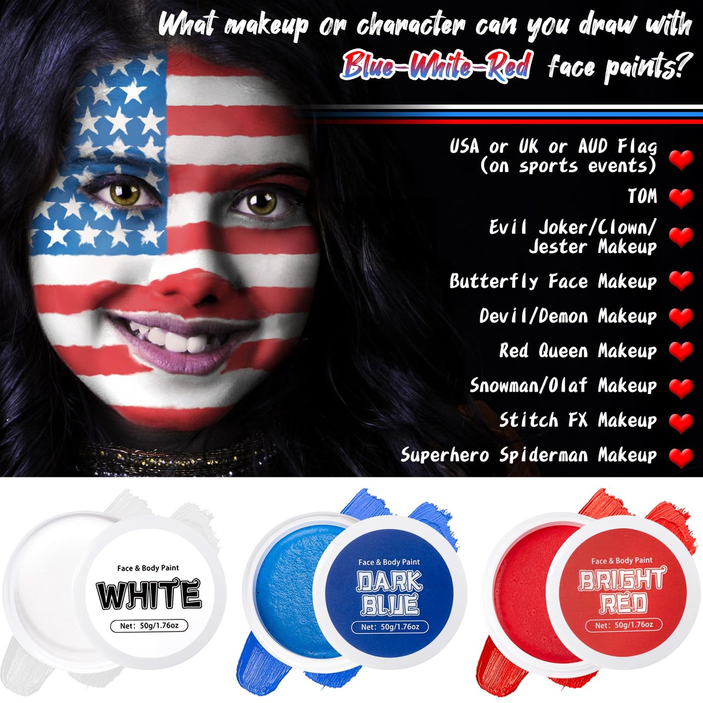 TonJin White Red Blue Face Body Paint Set 5.28oz,Non-Toxic Professional Facepaint Makeup Kit with 3 Brushes for Kids & Adults 4t